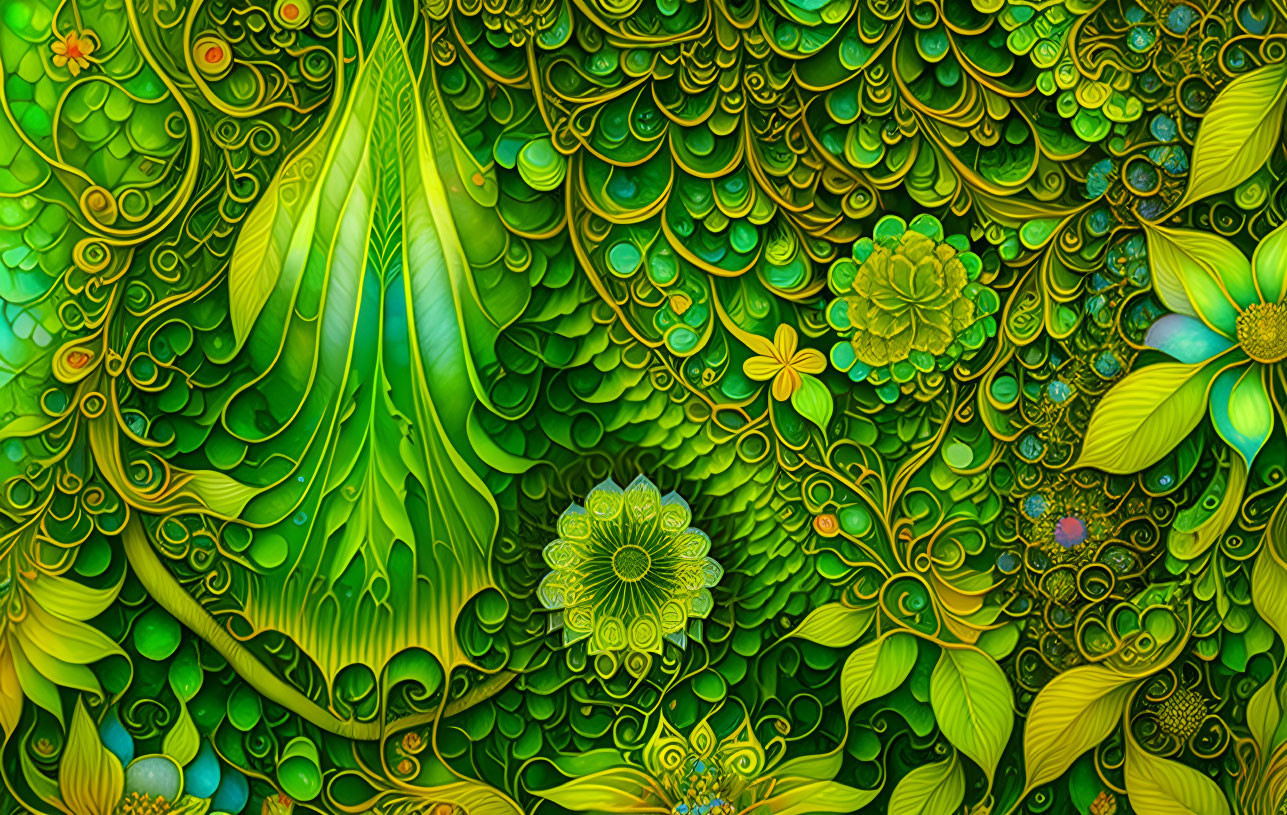 Detailed Green-Themed Illustration with Leaf and Floral Patterns