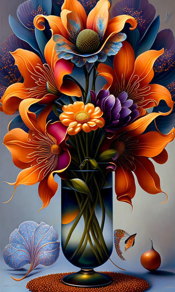 Colorful Orange and Purple Flower Painting on Grey Background with Vase