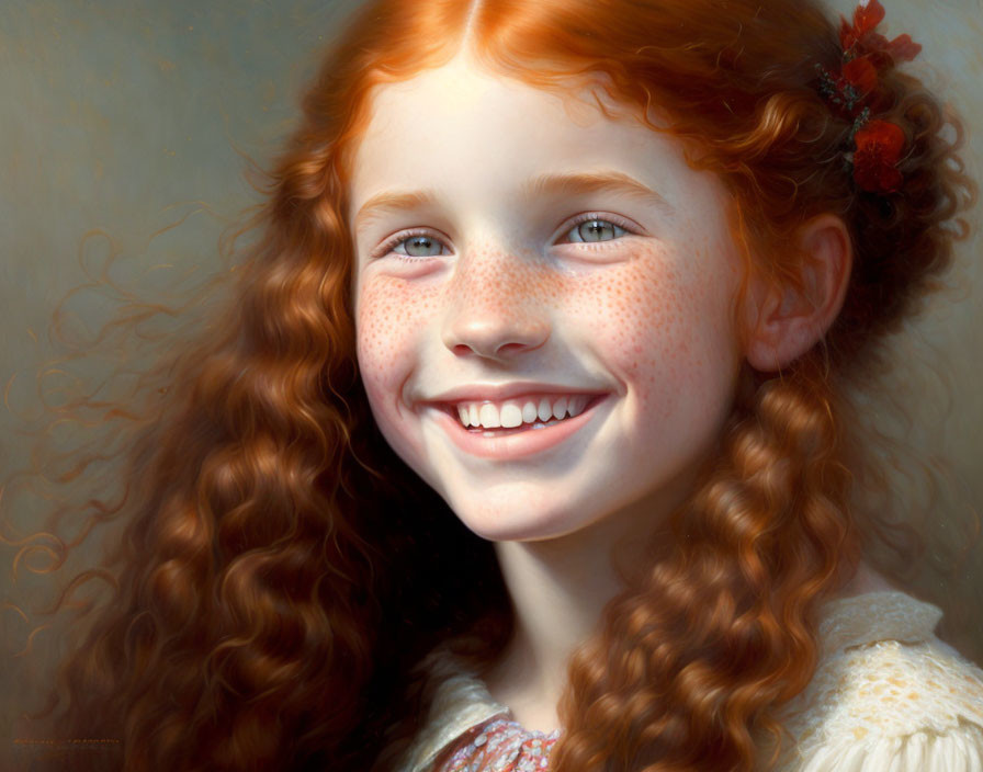 Cheerful young girl with red curly hair and freckles in white floral dress