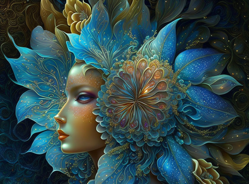 Colorful digital artwork: Woman's profile with floral and leaf patterns in blues, golds, and