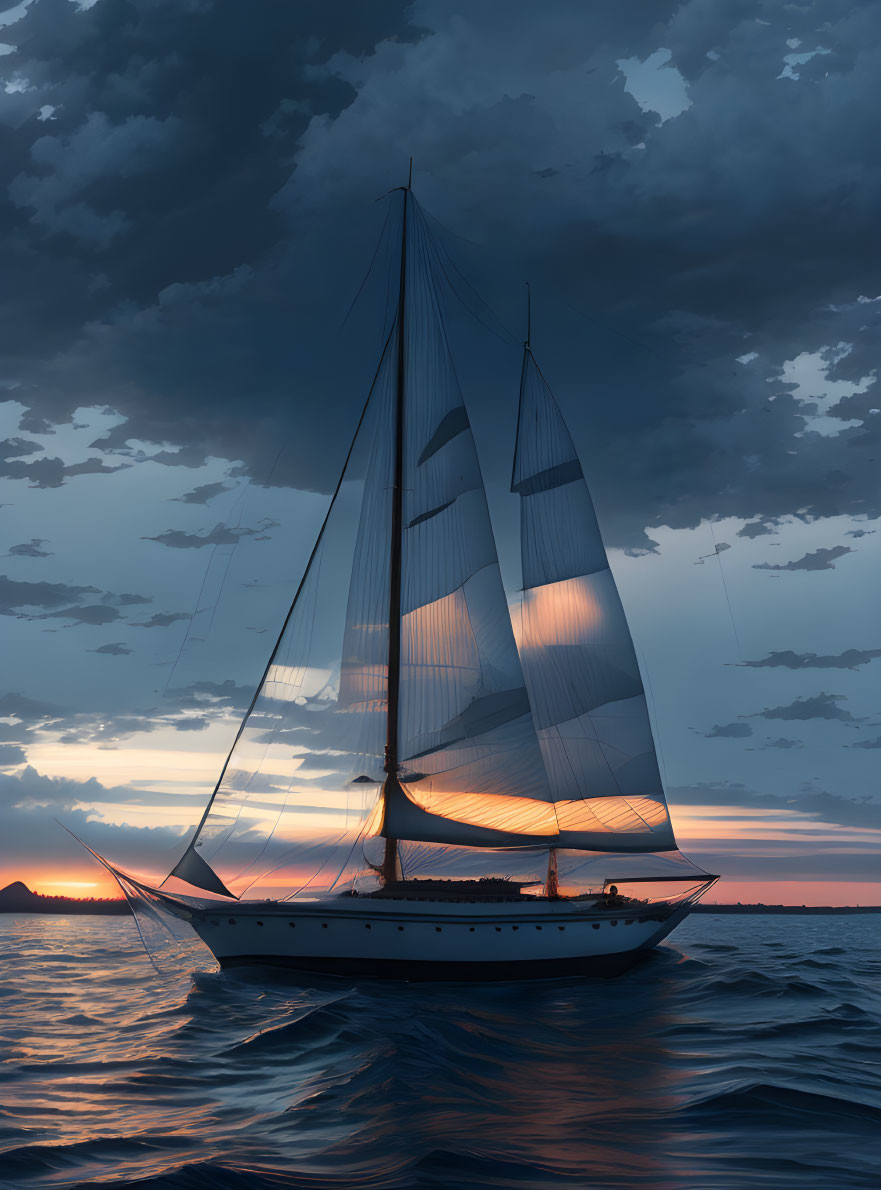 Illuminated sailboat gliding at dusk under dramatic sky