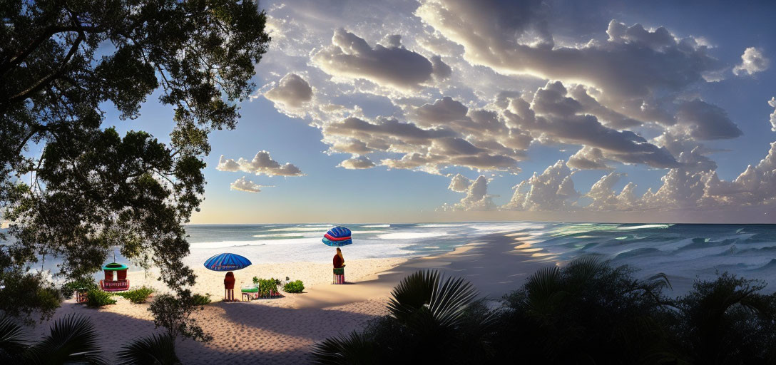 Vibrant beach scene with blue parasols, white sand, frothy waves, dramatic sky.