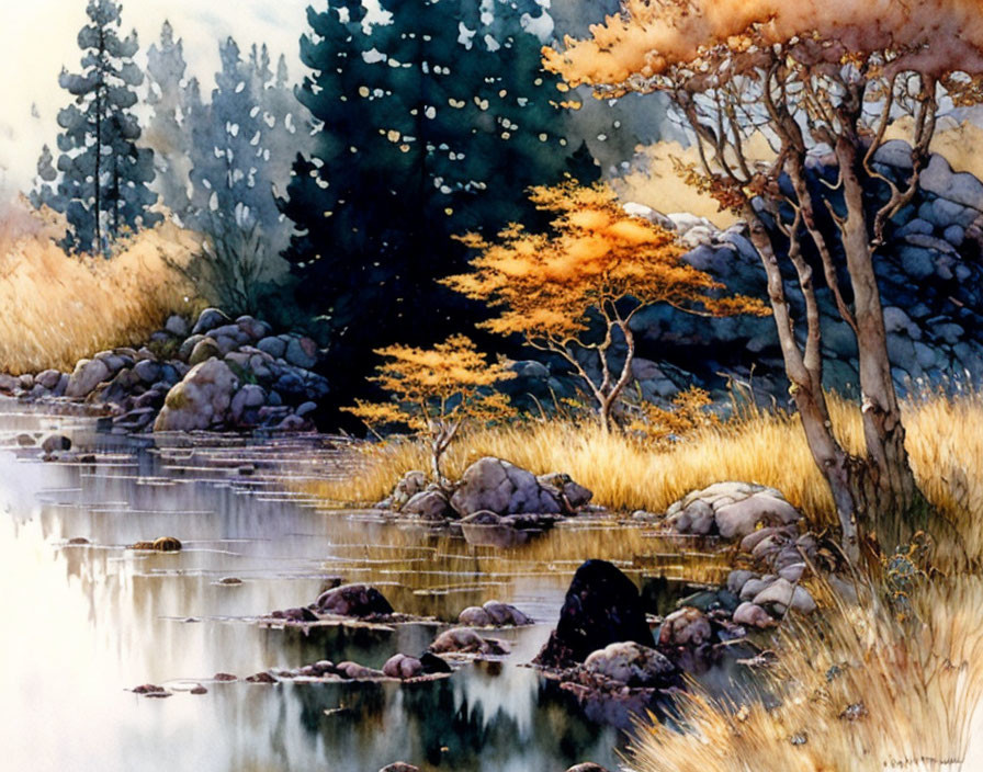 Tranquil watercolor painting of serene riverbank