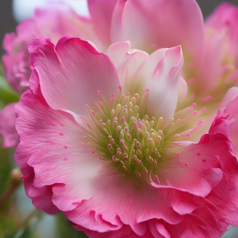 Pink flower close-up: delicate petals gradating to white with dense yellow stamens