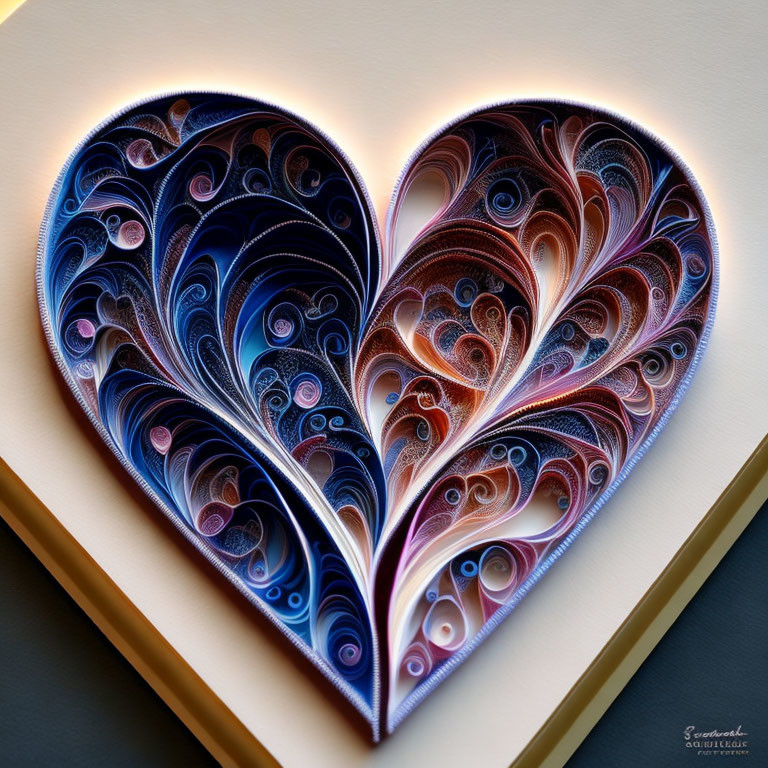 Paper quilling heart art with blue, orange, and white swirls in light frame