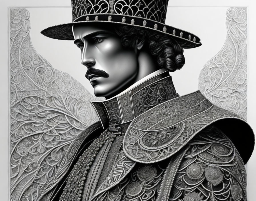 Detailed Monochromatic Digital Art: Man in Patterned Clothing with Wide-Brimmed Hat