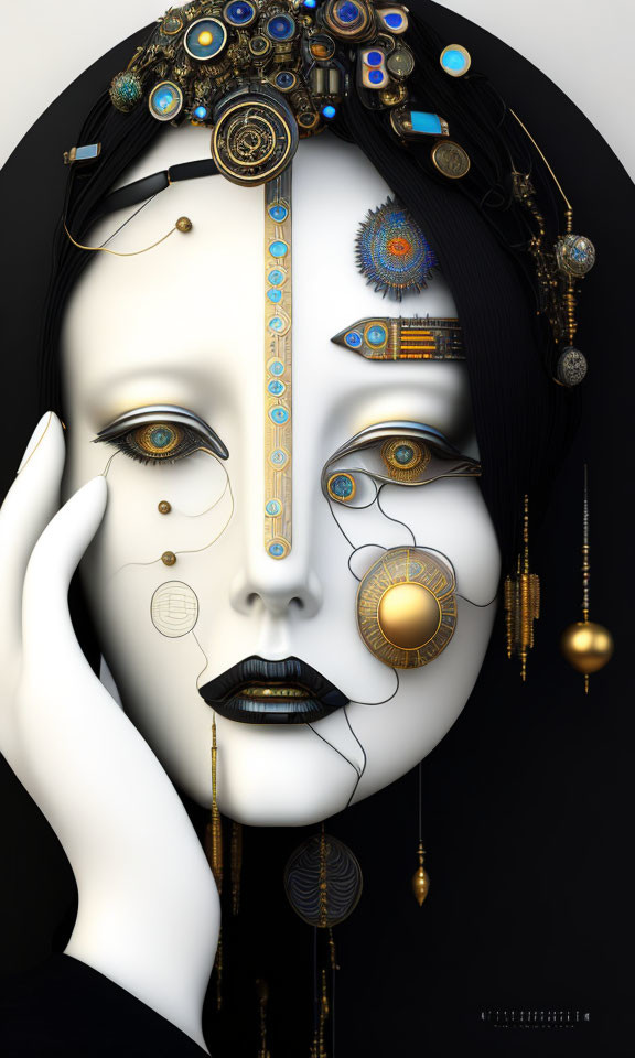 Surreal woman's face with gold and blue mechanical details on black.