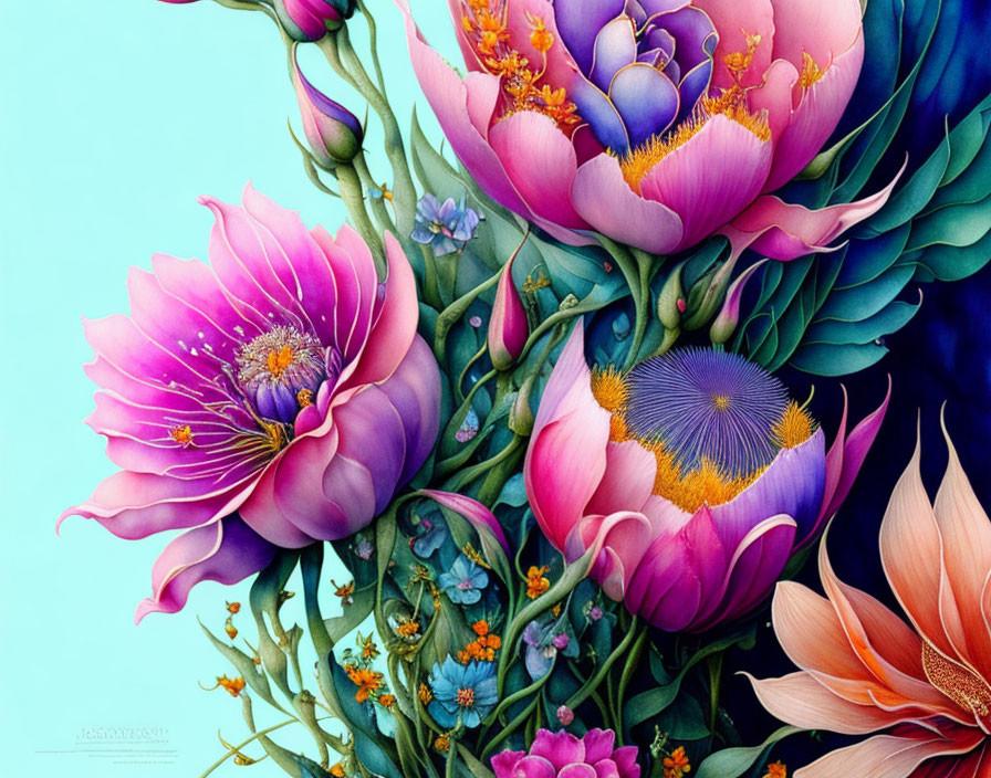 Detailed colorful botanical illustration with vibrant flowers and leaves on a soft blue backdrop