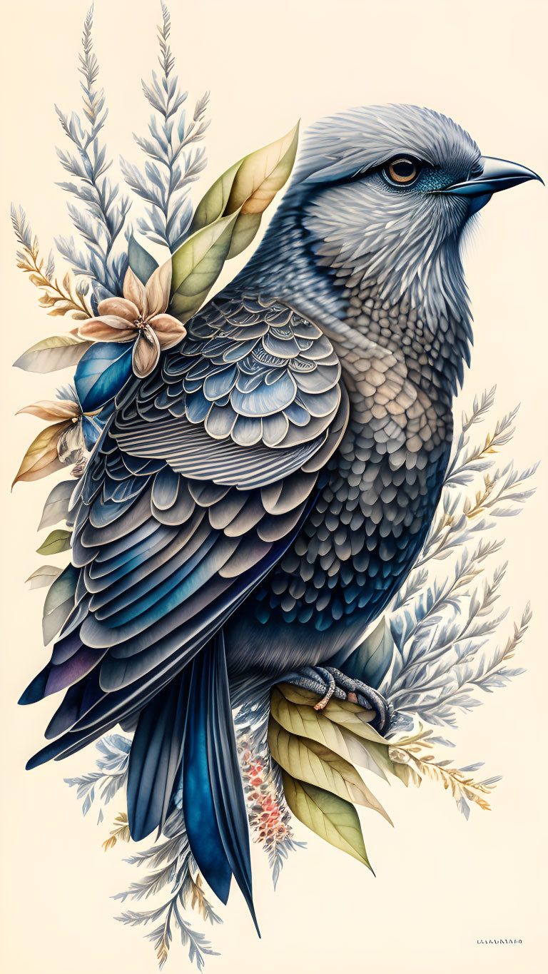 Detailed Blue Bird Illustration with Botanical Background