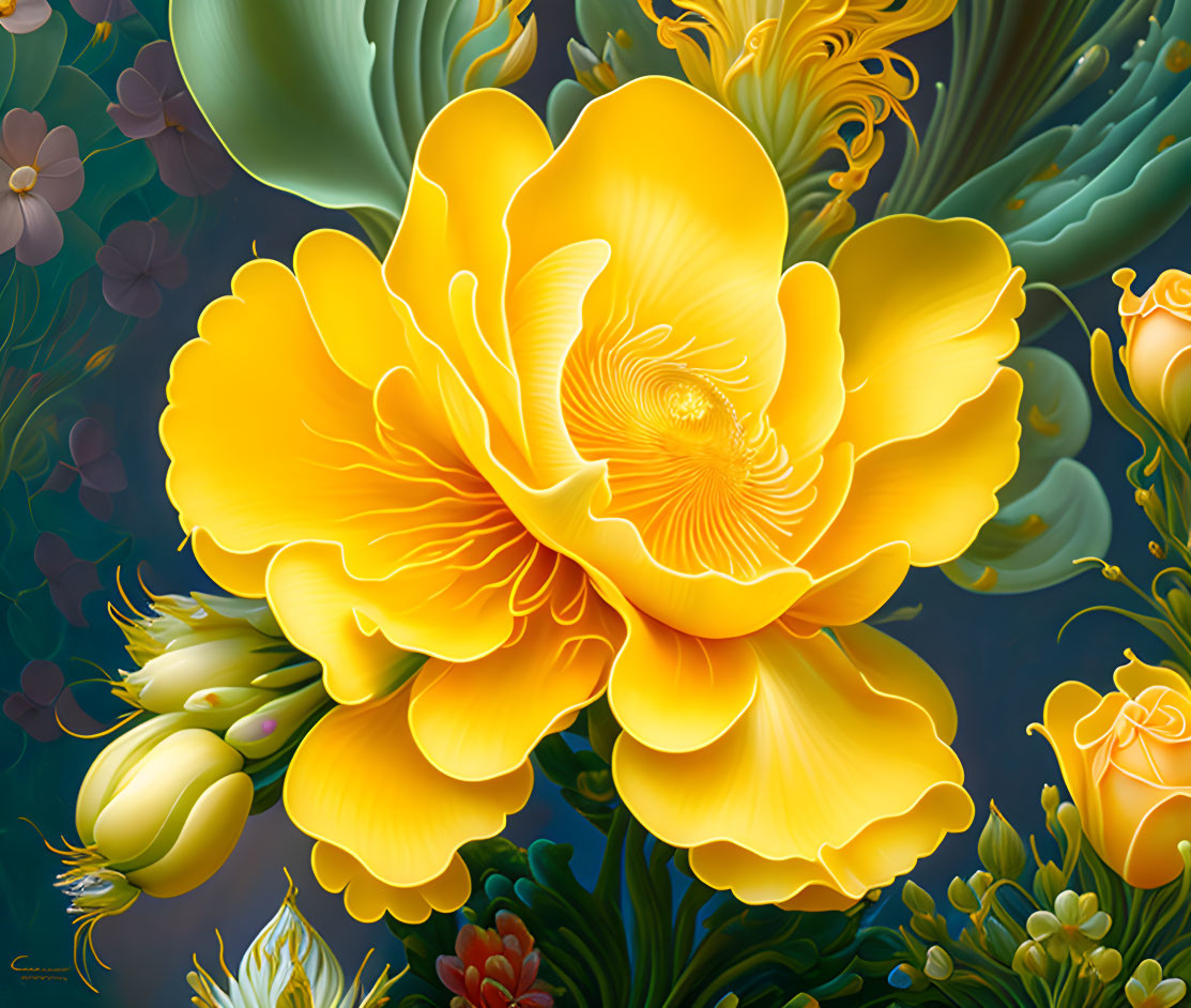 Colorful digital artwork: Yellow flower, intricate petals, green succulents on dark background