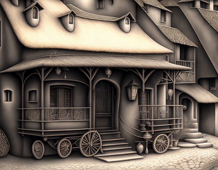 Monochromatic Village Scene with Intricate Architecture