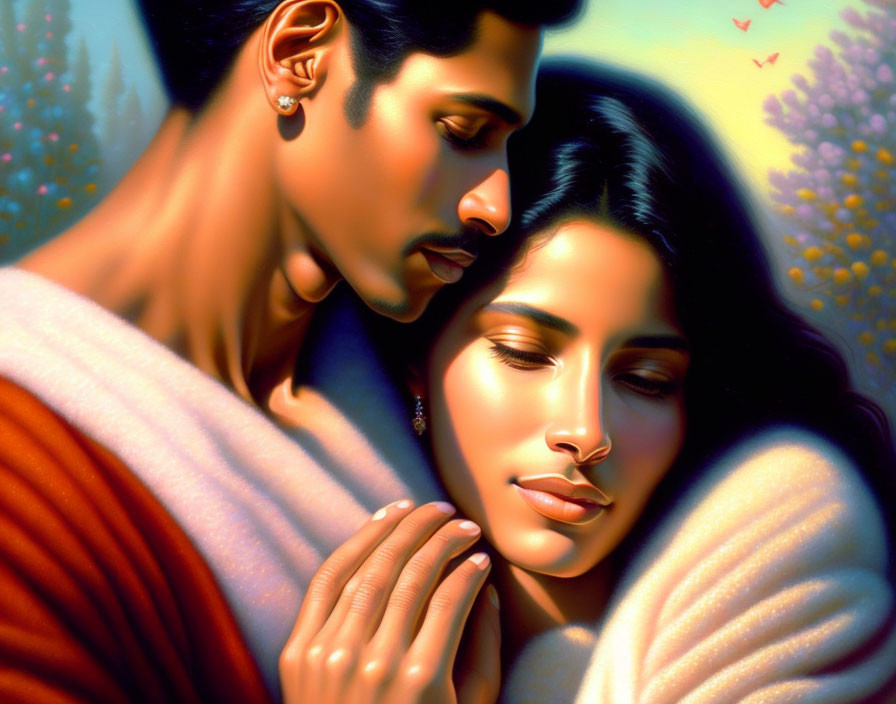 Illustration of Man and Woman Embracing in Warm Lighting