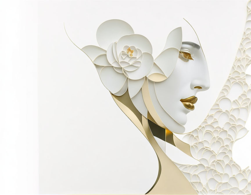 Woman's side profile with floral patterns in white and gold.