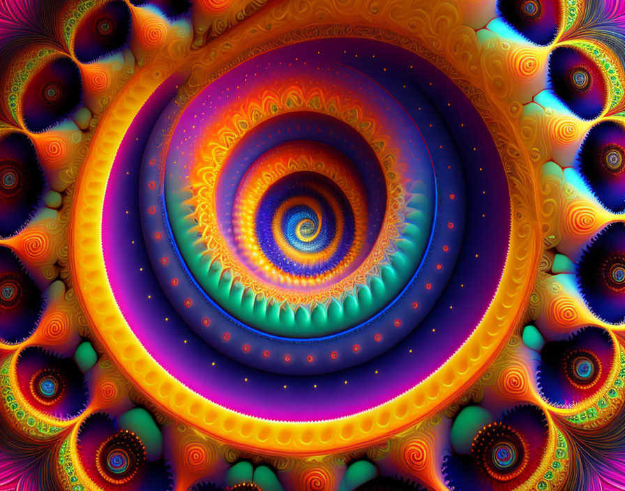 Colorful Spiraling Fractal Pattern Transitioning from Warm to Cool Hues