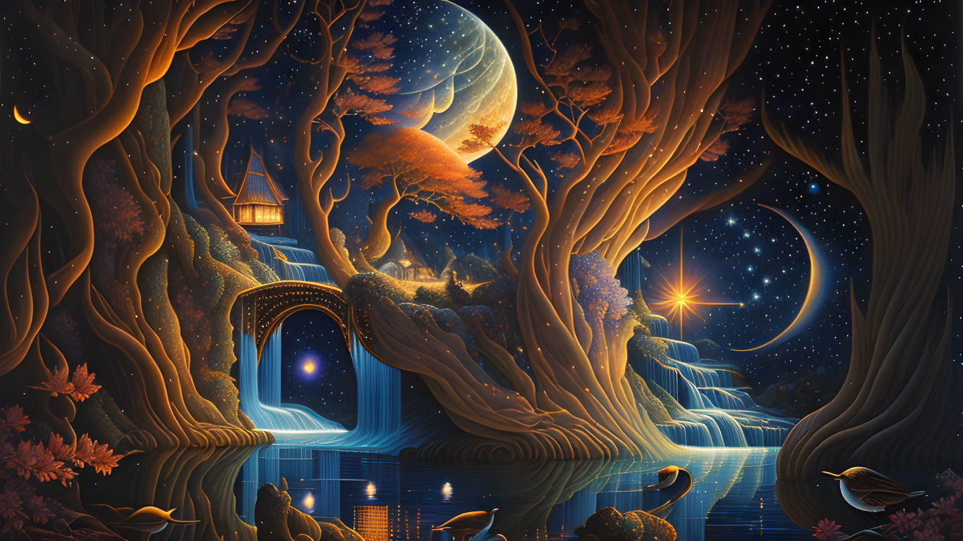 Enchanted night scene with illuminated trees, starry sky, serene river, mysterious doorway, and