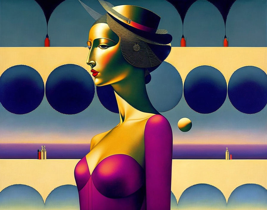 Abstract portrait of a woman in purple dress and hat with surreal geometric background