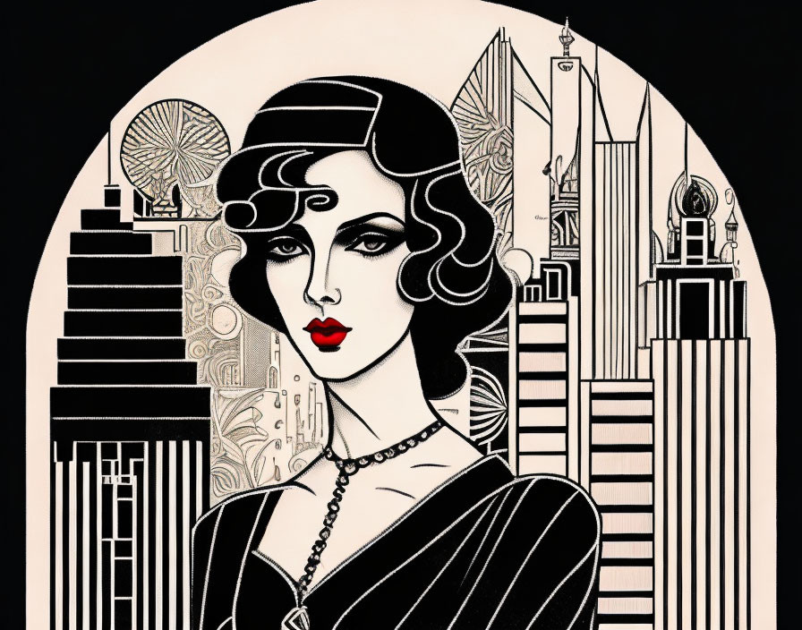 Art Deco Woman Illustration with 1920s Fashion & Urban Skyline