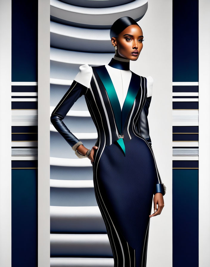 Stylish woman in form-fitting dress with geometric lines and bold colors