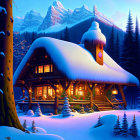 Snow-covered log cabin in wintery forest with mountains at twilight