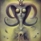 Surreal Female Figure with Yellow Eyes and Bird-like Features