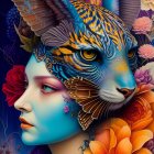 Colorful digital artwork: Blue-skinned person with purple hair and ornate headdress