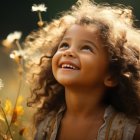 Young girl with curly hair smiling in sunlit field with butterflies.