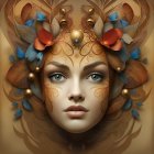 Detailed artwork of woman with golden headdress and captivating eyes