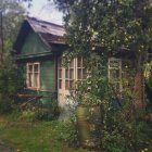 Cozy forest cottage with warm lights and vibrant flowers