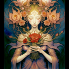 Digital artwork featuring woman with pale skin, adorned with pink roses, green leaves, gold mask, and