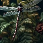 Colorful Dragonfly Resting on Green Leaf with Transparent Wings