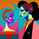 Stylized female portraits with vibrant neon colors and bold contour lines on dual-tone background