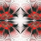 Symmetrical digital artwork of intricate, multi-layered flowers in pink, orange, and purple hues with