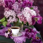 Colorful Still-Life Painting with Purple Flowers, Apples, and Bowl