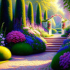 Vibrant topiaries and colorful flowers in a lush garden path