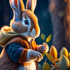 Anthropomorphic rabbit in jacket with small plant in mysterious forest.