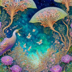 Vivid Peacock Artwork with Floral Patterns in Pink, Green, and Blue