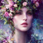 Portrait of person with pale skin and floral wreath in colorful mist.