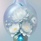 Translucent blue vase with gold base and floral relief on soft blue background