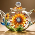 Transparent glass sphere with sunflower, colorful flowers, and butterfly wings