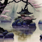 Ink-washed landscape: Serene stones, cherry blossoms, misty mountains