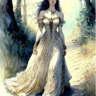 Detailed Vintage Dress Woman Walking Forest Path Stone-lined Fantasy Theme