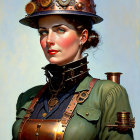 Steampunk woman in brass helmet and collar with Victorian design.