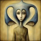 Surreal portrait of pale figure with ram horns and blue butterflies