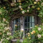 Blue Cottage with Red Brick Chimneys Surrounded by Lush Greenery and Blooming Flowers