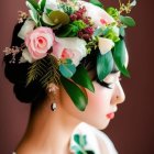 Detailed illustration of woman with elaborate hair, floral adornments, traditional makeup & attire