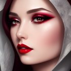 Digital artwork: Woman with bold red makeup and draped scarf