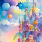 Whimsical watercolor painting of colorful castle and flowers