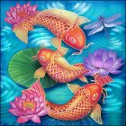 Colorful Digital Artwork: Three Fish in Swirling Blue Water