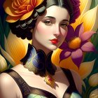 Detailed Woman's Floral Headdress Art Illustration with Vibrant Patterns