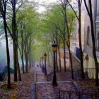 Rainy city scene with people and umbrellas, wet streets, glowing street lamps, and leafy